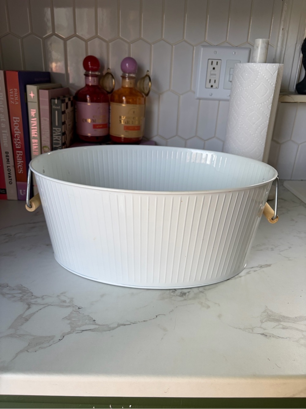 White Ribbed Metal Beverage Tub with Wood Handles